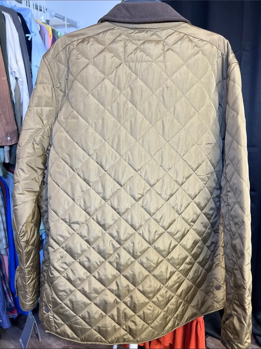 Chaps Quilted Olive Jacket with Brown Corduroy Collar